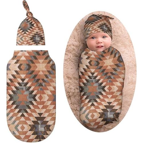 Southwestern Vintage Newborn Baby Swaddle Blanket With Beanie Hat Baby Receiving Blanket Baby Wraps Blankets Gifts