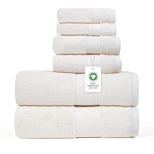 Farm to Home 100% Organic Bath Towel Set of 6 – GOTS & Oeko-TEX Certified Organic Cotton, Soft, Ultra Absorbent, Quick Dry - Includes 2 Bath Towels, 2 Hand Towels, 2 Washcloths - Pearl