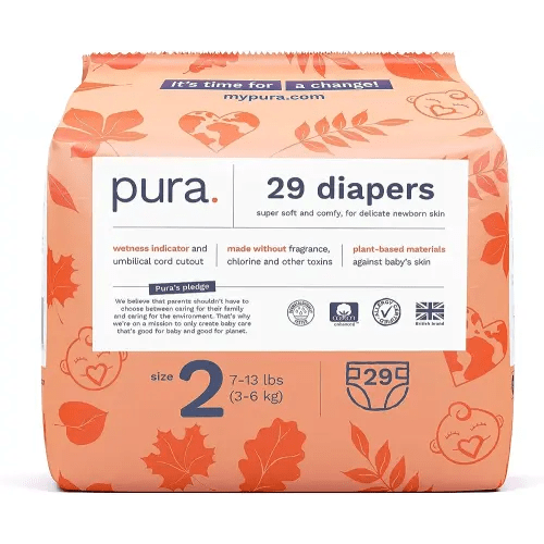 Pura Size 2 Eco-Friendly Diapers (7-13 lbs) TCF, Hypoallergenic, Soft Organic Cotton Comfort, Sustainable, Wetness Indictor. Allergy UK, Paper Packaging. 1 Pack of 29