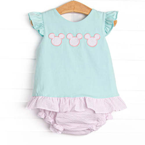 Minted Mouse Applique Ruffle Diaper Set, Green and Pink Seersucker – Stitchy Fish