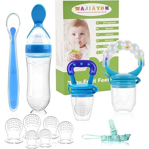 WAJIAYON Baby Fruit Feeder Pacifier - 12 Pack | 2 Baby Fruit Food Feeder Pacifier & 1 Baby Food Dispensing Spoon | Fruit Teethers for Babies | Silicone Teether Feeder Baby,Mesh Baby Feeder (Blue)