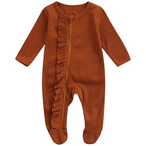 Ayalinggo Newborn Baby Girl Footie Waffle Knit Romper Zippers Ruffle Jumpsuit Fall Winter Clothes