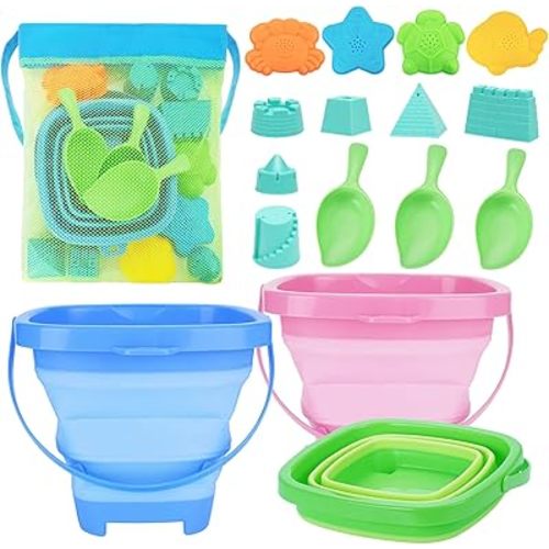 Collapsible Foldable Beach Sand Buckets and Shovels Set - Beach Toys for Kids with Mesh Bag & Sand Molds, Silicone Beach Sand Pails for Travel, Kids and Toddlers