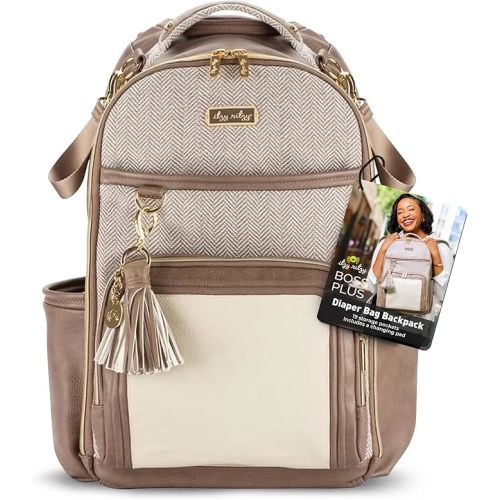 Itzy Ritzy Diaper Bag Backpack – Large Capacity Boss Plus Baby Backpack Diaper Bag Featuring 19 Pockets, Changing Pad, Stroller Clips, and Comfortable Straps (Vanilla Latte)