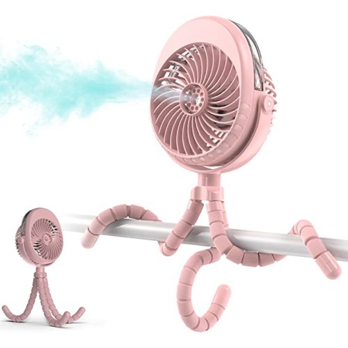 COMLIFE Misting Baby Stroller Fan, 270° & 360° Pivoting Portable Fan, Battery Operated USB Fan, Handheld Misting Fan, with Flexible Tripod Clip on Car Seat Crib Bike Treadmill Bunk Bed, Pink