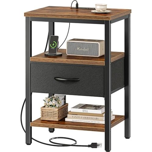 SUPERJARE Nightstand with Charging Station, Bed Side Table with Adjustable Fabric Drawer, Night Stand for Bedroom, 3-Tier Storage End Table, for Living Room, Rustic Brown and Black