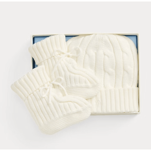 Cable-Knit Cotton Beanie & Bootie Set 0-3