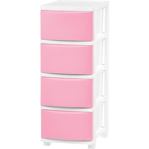 IRIS USA Plastic Drawer Storage Organizer, 4-Drawers, for Classroom Art Supplies Bathroom Dorm Bedroom Laundry Room, Slim Narrow, White Frame with Matte Pink Front Panels