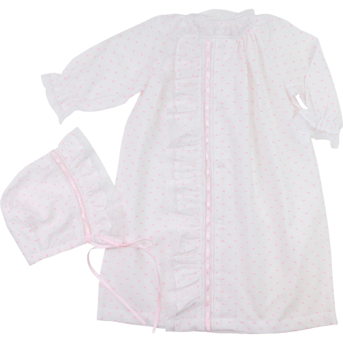 Pink Swiss Dot Heirloom Ribbon Baby Gown And Bonnet – Cecil & Lou