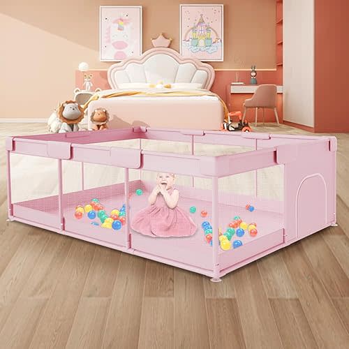 Baby Playpen 74"x50" PlayPen for Babies and Toddlers Pink, Large Play Yards for Indoor & Outdoor with Zipper Gates