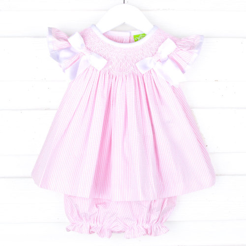 Pretty In Pink Stripe Smocked Angel Sleeve Bloomer Set