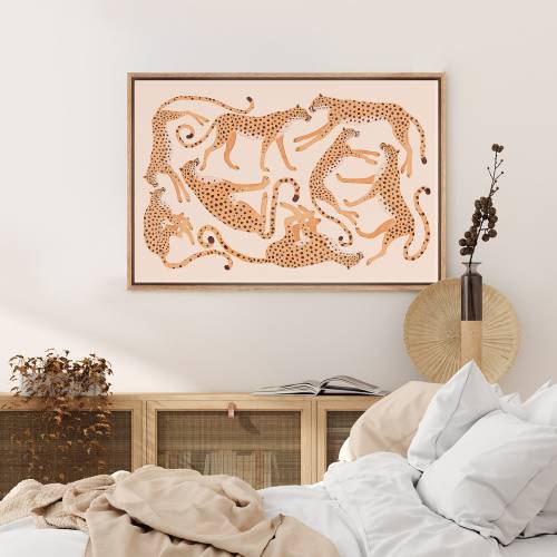 Framed Canvas Wall Art Dot Cartoon Cheetah Cat Art Printed Retro Pop Art Print Animals Prints Modern Boho Wall Art Preppy Room Decor