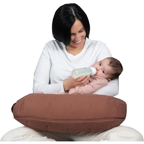 Boppy Nursing Pillow Luxe - Ergonomic Bottle & Breastfeeding Pillow with High Lift & Firm Support - Water-Resistant with Washable Cotton Muslin Cover - Baby Safety Alliance Verified - Chestnut