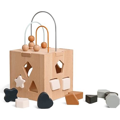 bopoobo Wooden Activity Cube Center Toys with Bead Maze Shape Sorter for 1-3 Montessori Toys for Toddlers Educational Wooden Developmental Learning Toys for Kids