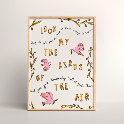 Birds of the Air / Matthew 6 bible verse / wall art / Christian art / recycled card / kraft or white