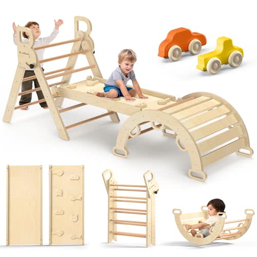BlueWood Pikler Triangle Set 7-in-1 Foldable Baby Climbing Wooden Toys with Arch&Ramp&Ladder Climber Indoor Jungle Gyms for Toddlers - Natural Wood