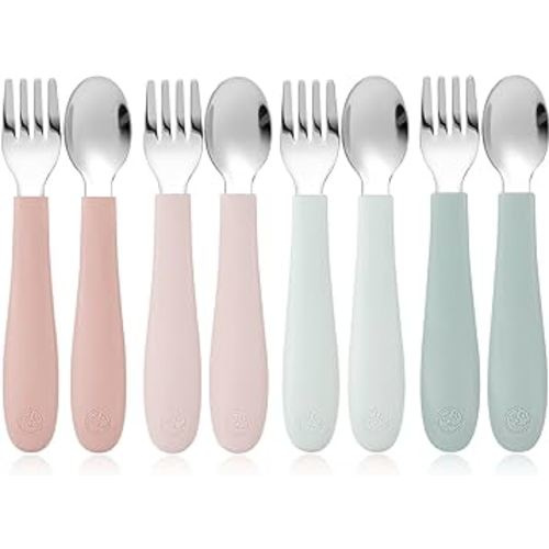 CoixFoam 8 Pieces Toddler Utensils, Toddler Safe Silverware Set With Food Grade Silicone Hanlde, 18/8 Stainless Steel, Perfect Length For New Self Feeders, Dishwasher Safe