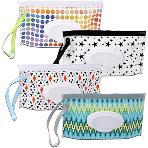 FEBSNOW 4 Pack Baby Wipe Dispenser, Portable Wet Wipe Holder Container, Reusable Wipes Dispenser Cases, Lightweight Travel Wet Wipe Pouch