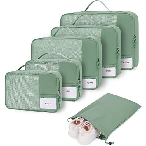ECOHUB 6 Set Packing Cubes for Travel Durable Suitcase Organizer Bags Set with Personalized Tag Travel Essentials with Shoe Bag Traveling Accessories for Luggage Machine Washable, Green