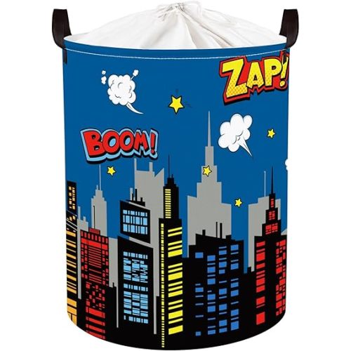 Clastyle 45L Large Blue City Hero Skyline Kid Laundry Hamper with Handle Comic Hero Building Silhouettes Clothes Toy Boys Basket with Lid for Nursery