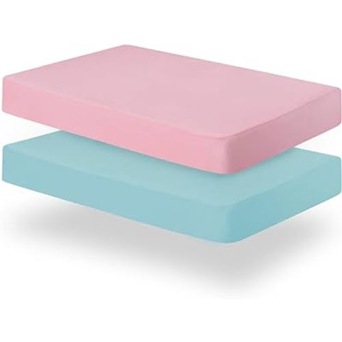 Biloban Pack and Play Sheets Fitted, 2 Pack Pack and Play Sheet Fits for Graco Pack n Play Mattress, Neutral Playard Sheets for Baby Boys and Girl, Pink & Aqua, 38”X 26”