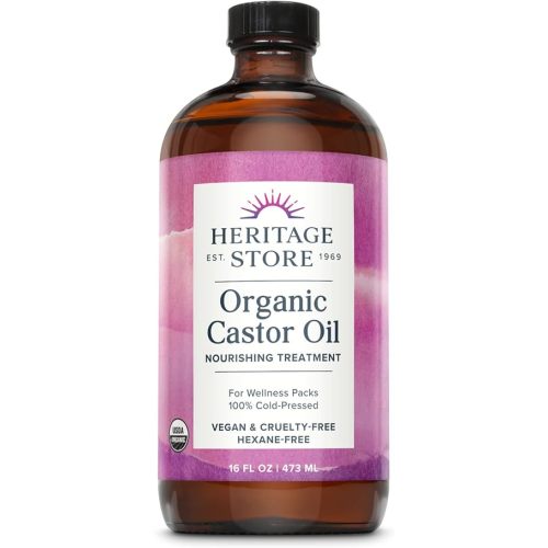 HERITAGE STORE Organic Castor Oil - Glass Bottle - Nourishing Treatment for Hair and Skin - Eyelash Serum for Eyelashes, Brows, Castor Oil Packs - Cold Pressed, Hexane Free, Vegan 16oz