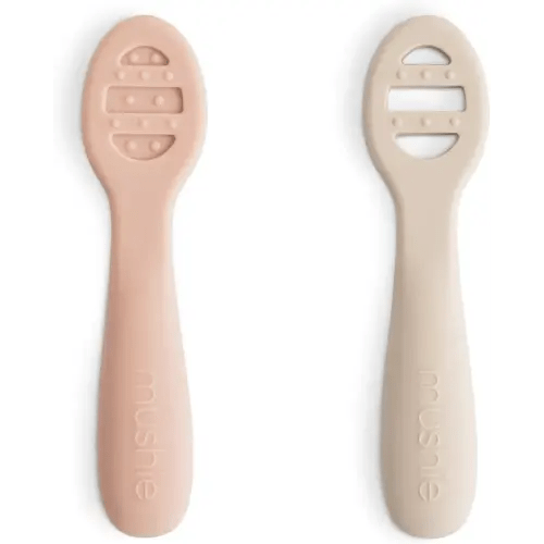 mushie Silicone First Feeding Baby Spoons | 2 Pack (Blush/Shifting Sand)