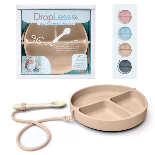 DropLess Plate Silicone Suction Toddler Plate with Utensil, Beige