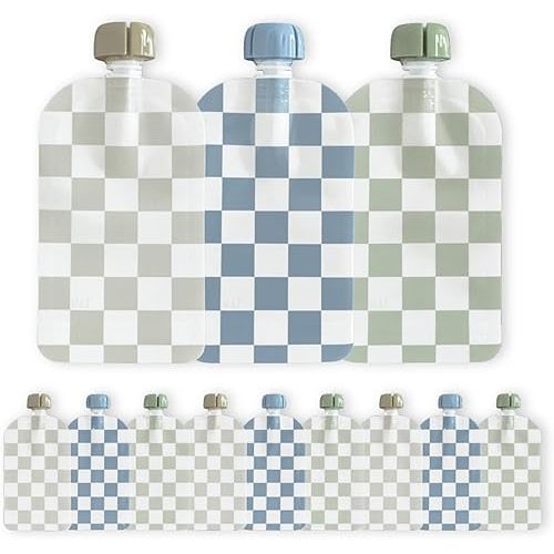 Hippypotamus Reusable Baby Food Pouches for Toddlers - BPA Free Food Grade - Dishwasher & Freezer Safe - Baby Food Containers - Refillable Squeeze Pouch for Applesauce & Yogurt - 12 Pack (Checkered)