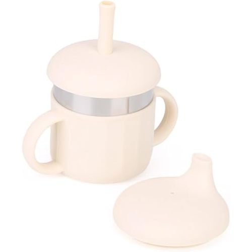Baby Sippy Cup, Silicone Training Stainless Steel Kid Cups, Break Resistant Straw Lid Cup for Infants 6-12 Month Toddlers and 1-3 Year Kids, 7.4 Oz Water Drinking Cup (Beige, 1pc)