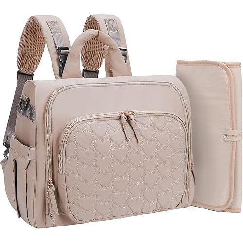 MHOMER Diaper Bag Backpack Puffer Lightweight 3 in 1 Wide Open Small Diaper Bag Tote for Travel with Changing Pad Shoulder Straps,Beige