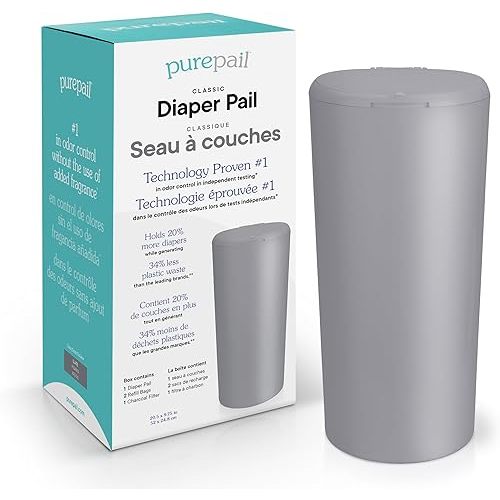 Classic Diaper Pail – Slate, Blocks Odors with No Added Fragrance, Holds 20% More Diapers & Generates Less Waste, No Cutting, No Canisters, Includes 1 Pail + 2 Refill Bags + 1 Charcoal Filter