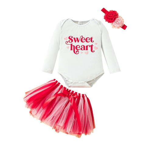 Co.MMehjri Baby Girls Valentine's Day Outfit 3 6 12 18 Months Infant Clothes Letter Print Romper and Tulle Skirt Cute Headband 3 Piece Fall Clothes