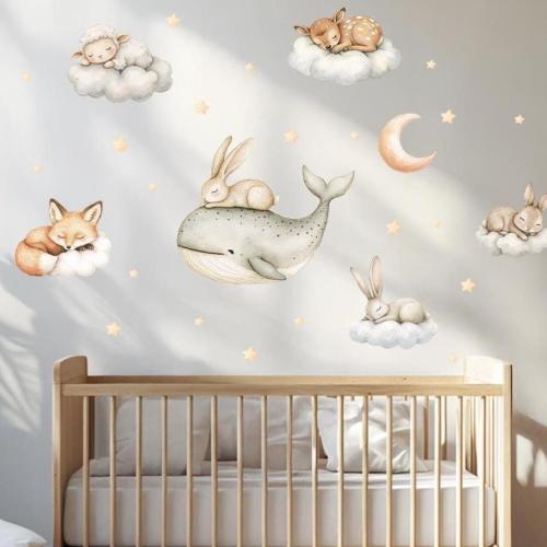 Whale and Bunny Wall Decals – Soft Pastel Sleeping Animals Baby Room Decor, Nursery Cloud & Star Theme, Non-Toxic Reusable Wall Art