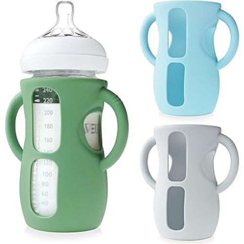 3 Pack Silicone Sleeves for Philips Avent Glass Bottle - Anti Breakage Baby Bottle Holder with Handles for Phillips Avent Glass Bottles 8 oz & 4 oz (Green&Light Grey&Blue, 8 Ounce)