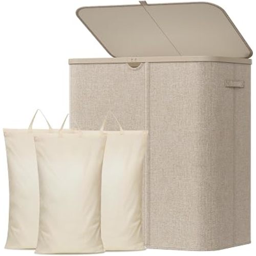 Lifewit 165L 3 Section Laundry Hamper with Lid, Large Laundry Basket with Handles and Removable Bags, Tall Clothes Hamper, Foldable Laundry Sorter for Bedroom Bathroom, Beige