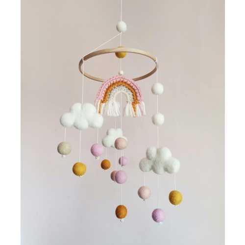 Cloud Mobile, Rainbow Baby Mobile, Woodland Nursery, Baby Girl Mobile, Pink Yellow, Crib Mobile, Felt Hanging Mobile, Newborn Gift