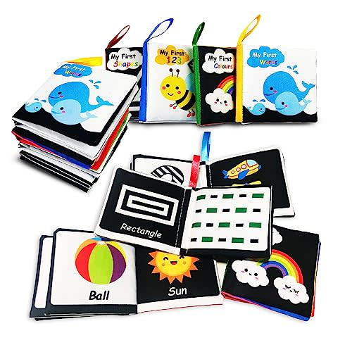AMINFUN Soft Cloth Baby Book Toy 0-6 Months, Black White Baby Learning Book(Pack of 4),Touch and Feel Crinkle Book Infants 6-18 Months,Early Educational Toy 0-3 Months, Gift for Babies Infants