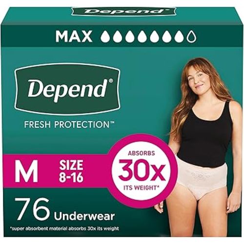 Depend Fresh Protection Adult Incontinence & Postpartum Bladder Leak Underwear for Women, Disposable, Maximum, Medium, Blush, 76 Count (2 Packs of 38), Packaging May Vary