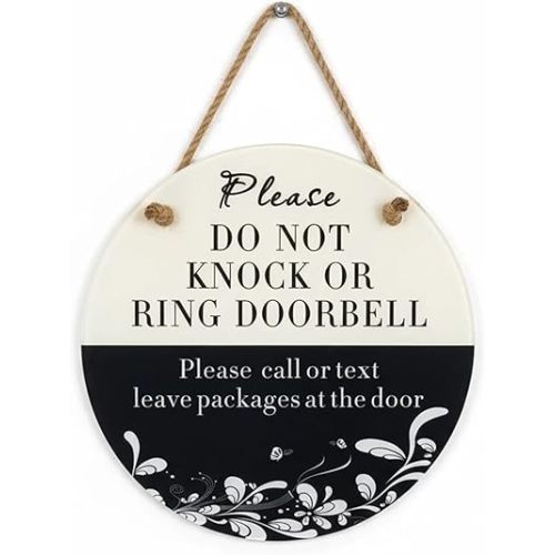 Please Do Not Knock or Ring Doorbell Hanging Sign Shhh Baby Sleeping for Front Door Funny, Please Leave Packages Here Sign Small Acrylic 6" Round Design