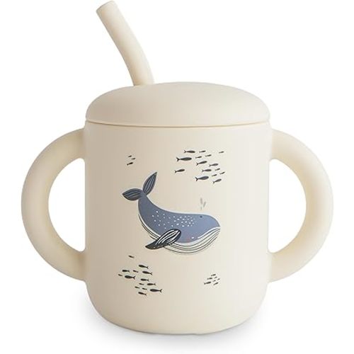 mushie 100% Silicone Training Cup & Straw for Toddlers | 6 Months+ (Whales)
