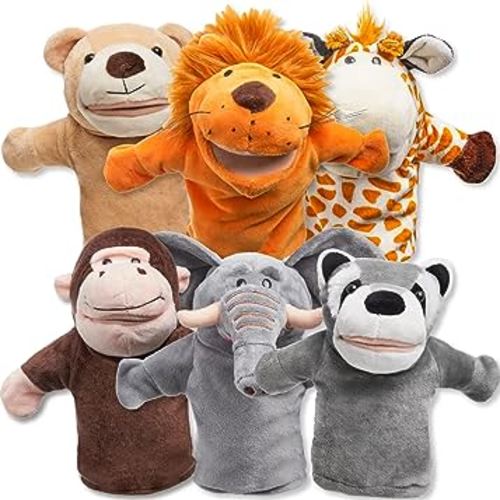 JOYIN 6Pcs Kids Hand Puppet Set with Working Mouth, Toddler Plush Toy Includes Elephant, Giraffe, Lion, Bear, Raccoon and Monkey for Show Theater, Easter Birthday Gifts for Kid
