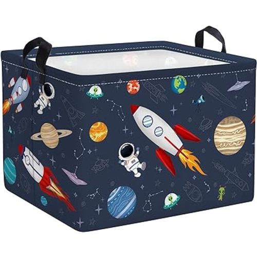 Clastyle Rocket Astronaut Shelf Basket for Boys Cosmic Planet Universe Blue Storage Bin Rectangle Clothes Books Toy Storage Cube, 36L