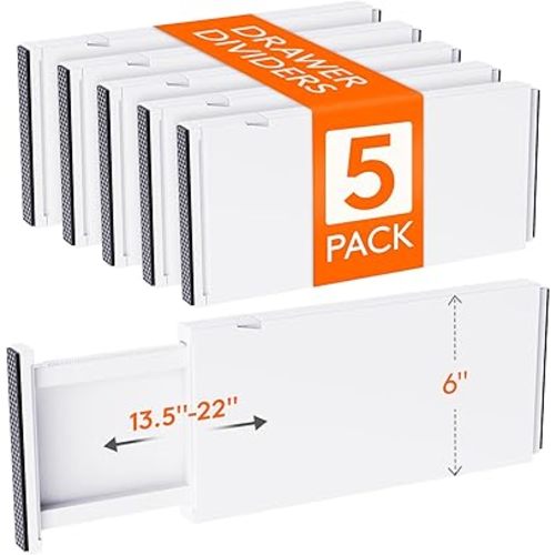 Lifewit 5 Pack Drawer Dividers Plastic 6" High, 13.5-22" Adjustable Drawer Organizers for Clothes, Expandable Dresser Separators in Bedroom/Bathroom/Kitchen/Fridge/Office Organization and Storage