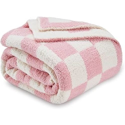CozeCube Checkered Blanket, Ultra Soft Cozy Pink Checkered Throw Blanket, Warm Fluffy Checkerboard Throw Blanket, Pink and White Checkered Blanket for Couch Bed Sofa, 50x60 Inches