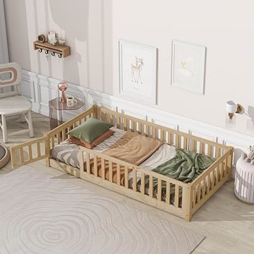 Twin Size Floor Bed with Door & Fence, Pine Wooden Montessori Bed for Boys and Girls, No Box Spring Needed, Easy to Assemble(Natural)