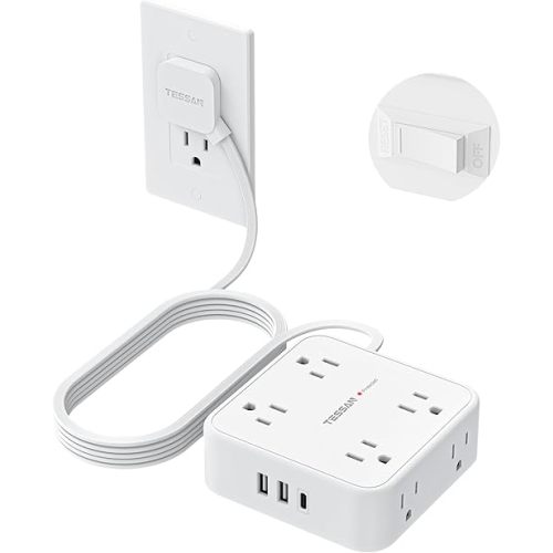 TESSAN 10 Ft Flat Plug Extension Cord with Multiple Outlets, Surge Protector Power Strip with 3 USB(1 USB C) 8 Outlets, 900J Protection, Desk Charging Station for Home, Dorm Room Essentials, White