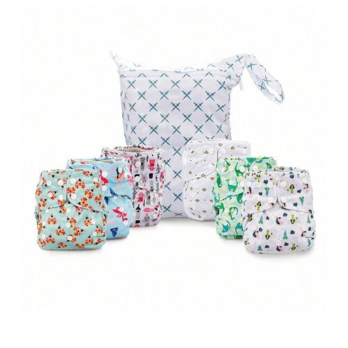 6ct Reusable Cloth Diapers, One Size Adjustable, Washable Soft Absorbent, Waterproof Cover, 4-Layers Microfiber Inserts (Whimsical) - Simple Being