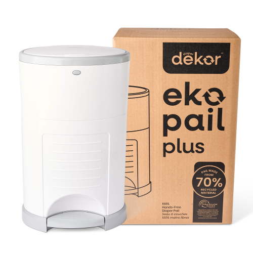 Dekor Eko Plus Diaper Pail Made with 70% Recycled Materials, Hands-Free: Step–Drop–Done | Cost-Effective Refill System | Great Cloth Diaper Pail, White