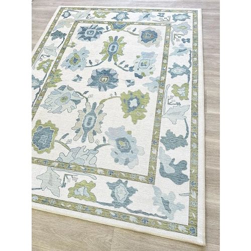 Green Oushak Rug, Modern, Vintage, Turkish, Eclectic, Floral, Pastel, Washable, Large Area Rugs for Living Room, Dining, Bedroom, Girls, Boys, 7'5"x9'8"